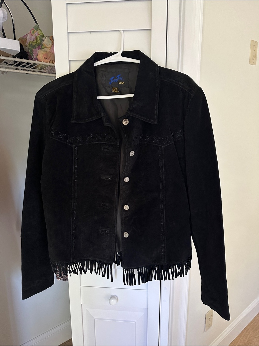 Jou Jou Black Suede Fringe Leather Jacket with Silver Buttons